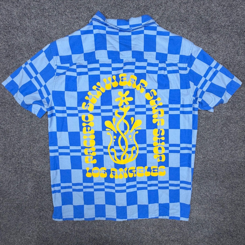 PacSun Mens Blue Checkered Pacific Sunwear Surf Shop Graphic Button Down Shirt S - Picture 2 of 8